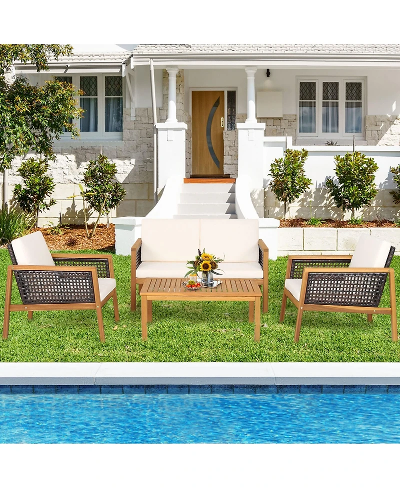 Gymax 8PCS Patio Acacia Wood Furniture Set Pe Rattan Conversation Set w/ Off White Cushions