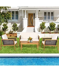 Gymax 8PCS Patio Acacia Wood Furniture Set Pe Rattan Conversation Set w/ Off White Cushions