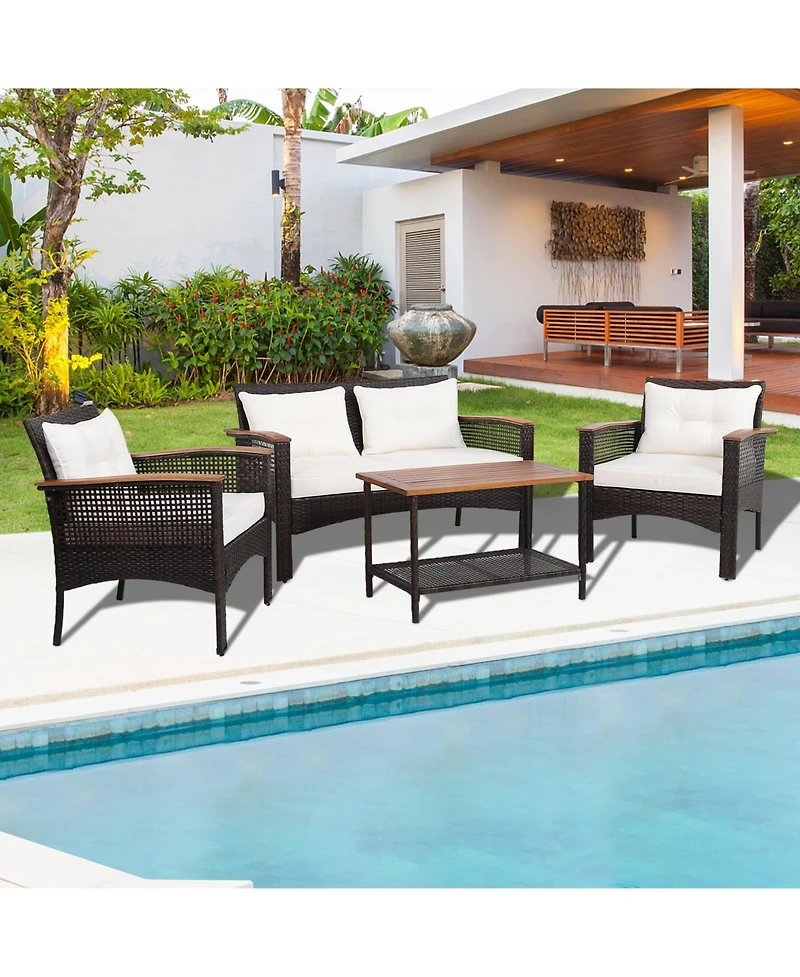 Gymax 4PCS Rattan Patio Furniture Set Acacia Wood Outdoor Conversation Set w/ Cushions
