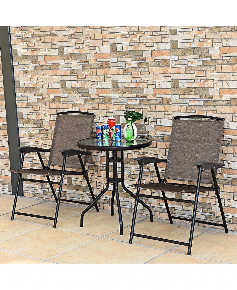 3PC Bistro Patio Garden Furniture Set 2 Folding Chairs Glass Table Top Steel