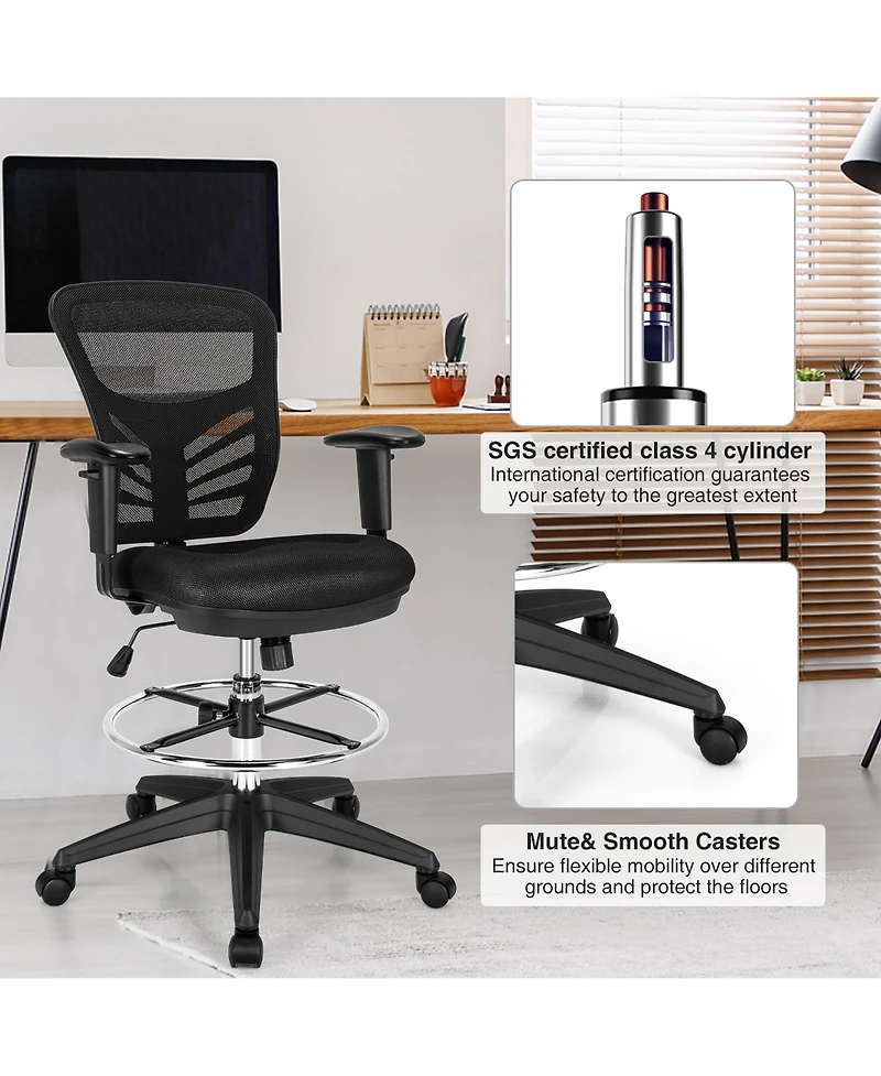 Mesh Drafting Chair Office Chair w/Adjustable Armrests & Foot-Ring