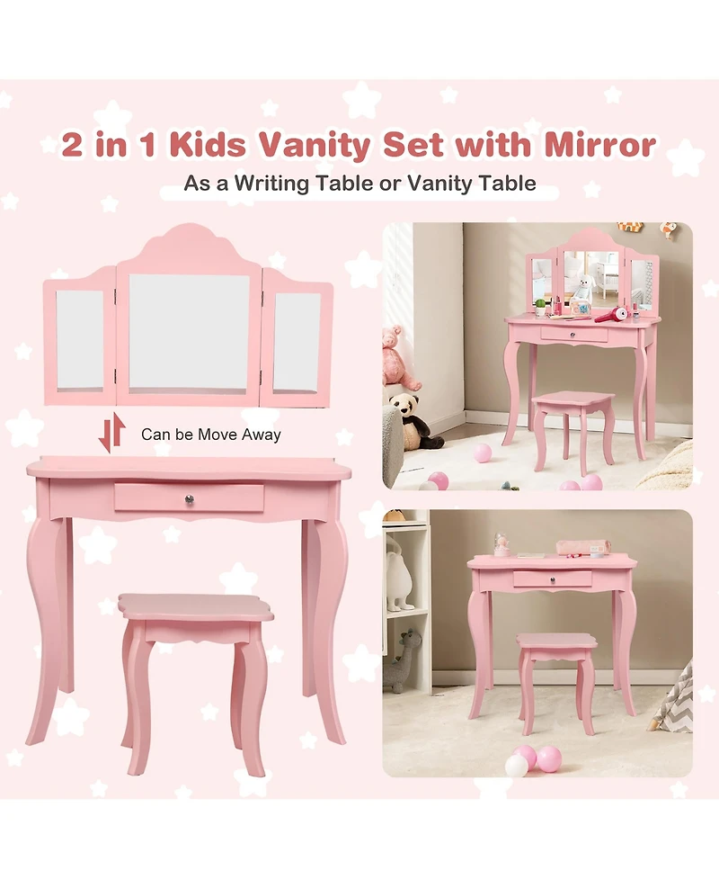 Costway Vanity Table Set Makeup Dressing Kids Stool Mirror