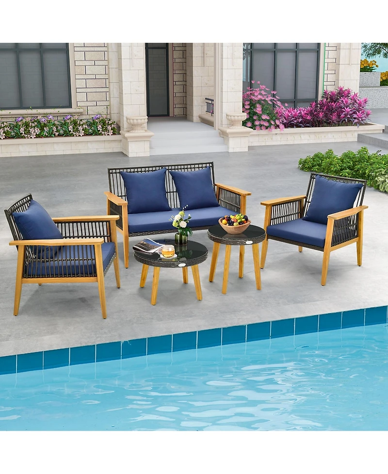 Costway 5PCS Outdoor Rattan Woven Conversation Set Stable Acacia Wood Frame for Backyard
