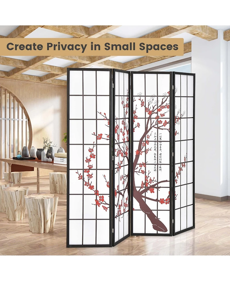 4-Panel Japanese Style Folding Room Divider with Elegant Plum Blossom Design Indoor