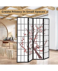 4-Panel Japanese Style Folding Room Divider with Elegant Plum Blossom Design Indoor