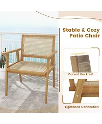 1 Pcs Outdoor Wood Chair Teak Wood Armchair with Rattan Seat & Back Patio Chair for Porch