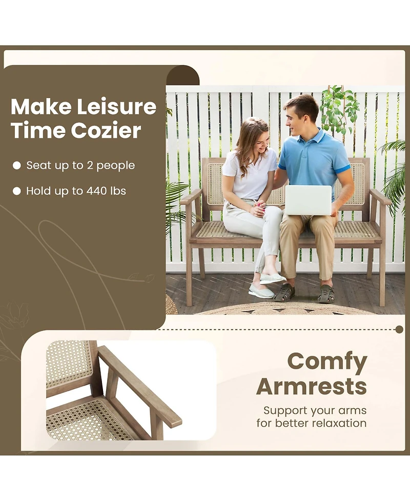 Costway Teak Wood Garden Bench 2-Person Bench with Armrests, Rattan Backrest & Seat