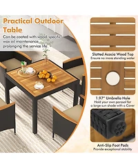 Costway 5 Pcs Patio Dining Table Set for 4 Rattan Conversation Set with Umbrella Hole