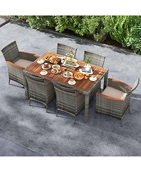 7 Pieces Outdoor Wicker Dining Set with Acacia Wood Table and 6 Armchairs