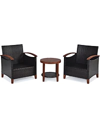3PCS Patio Wicker Sofa Set Acacia Wood Frame