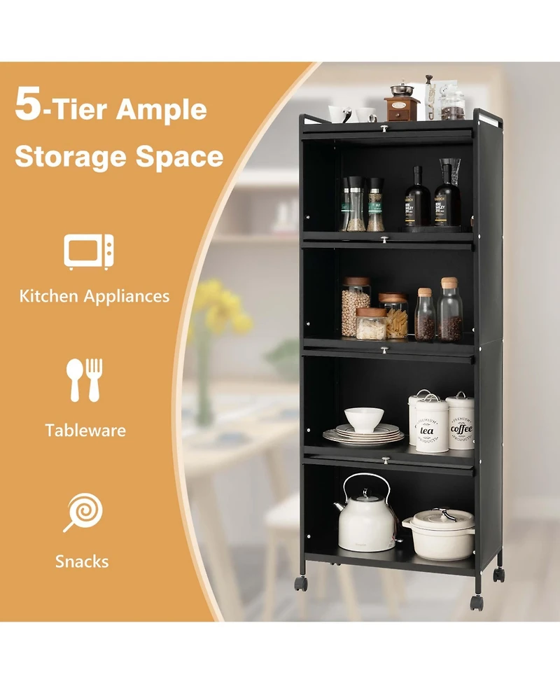 5-Tier Kitchen Baker's Rack Storage Cabinet Mobile Microwave Stand Flip-up Doors