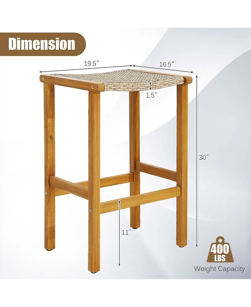 Costway 2PCS Patio Pe Wicker Bar Stools with Acacia Wood Frame Height Chairs Poolside