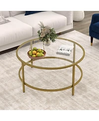 36'' Round Coffee Table Tempered Glass Tabletop Metal Frame Living Room