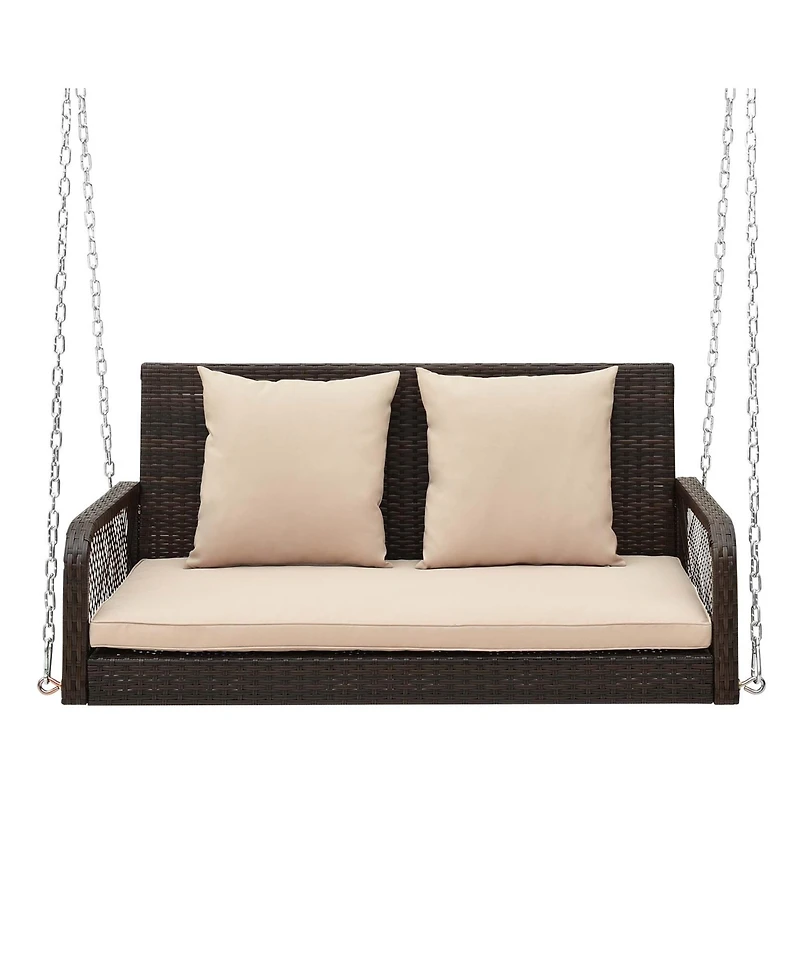 Patio Wicker Porch Swing 2-Person Hanging Loveseat Bench Chair with Cushions