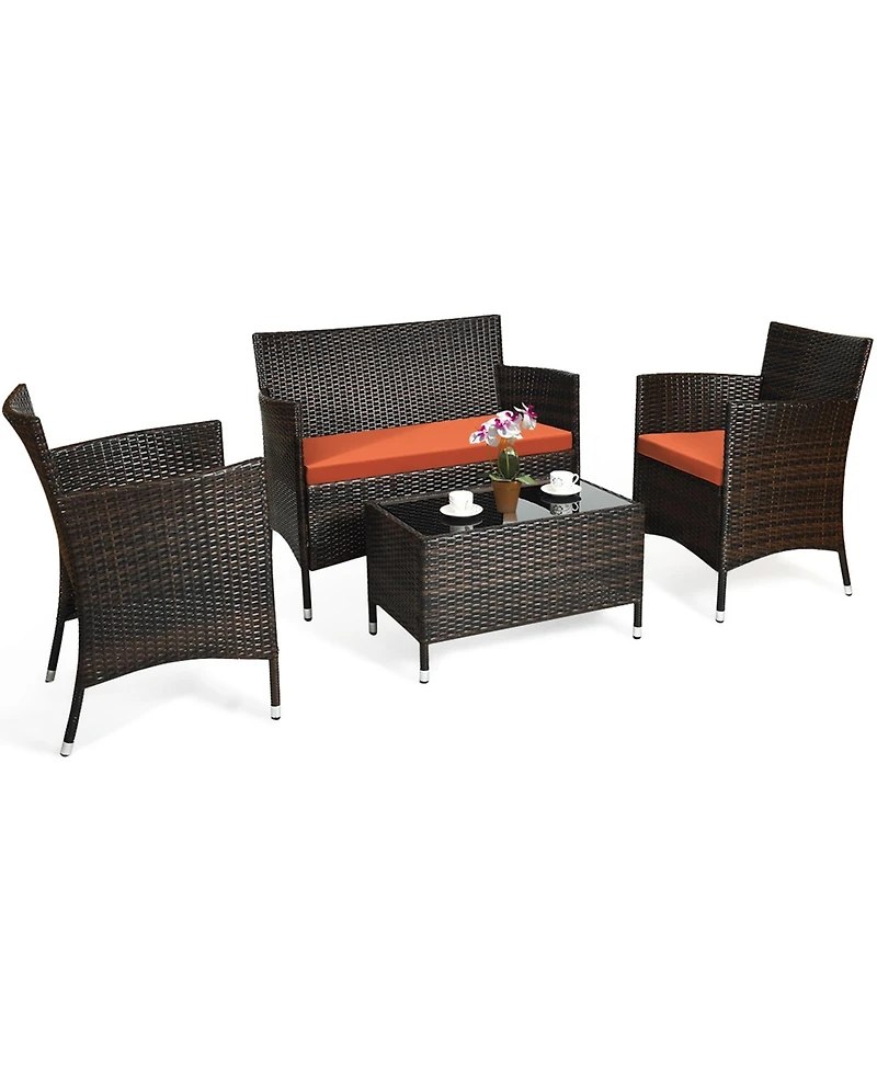 4PCS Rattan Patio Furniture Set Cushioned Sofa Chair Coffee Table