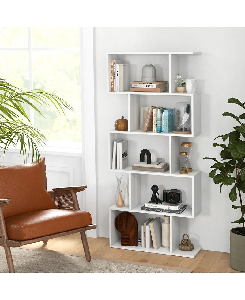 1 Pc 5-Tier Bookshelf Geometric S-Shaped Bookcase Room Divider Storage Display Shelf
