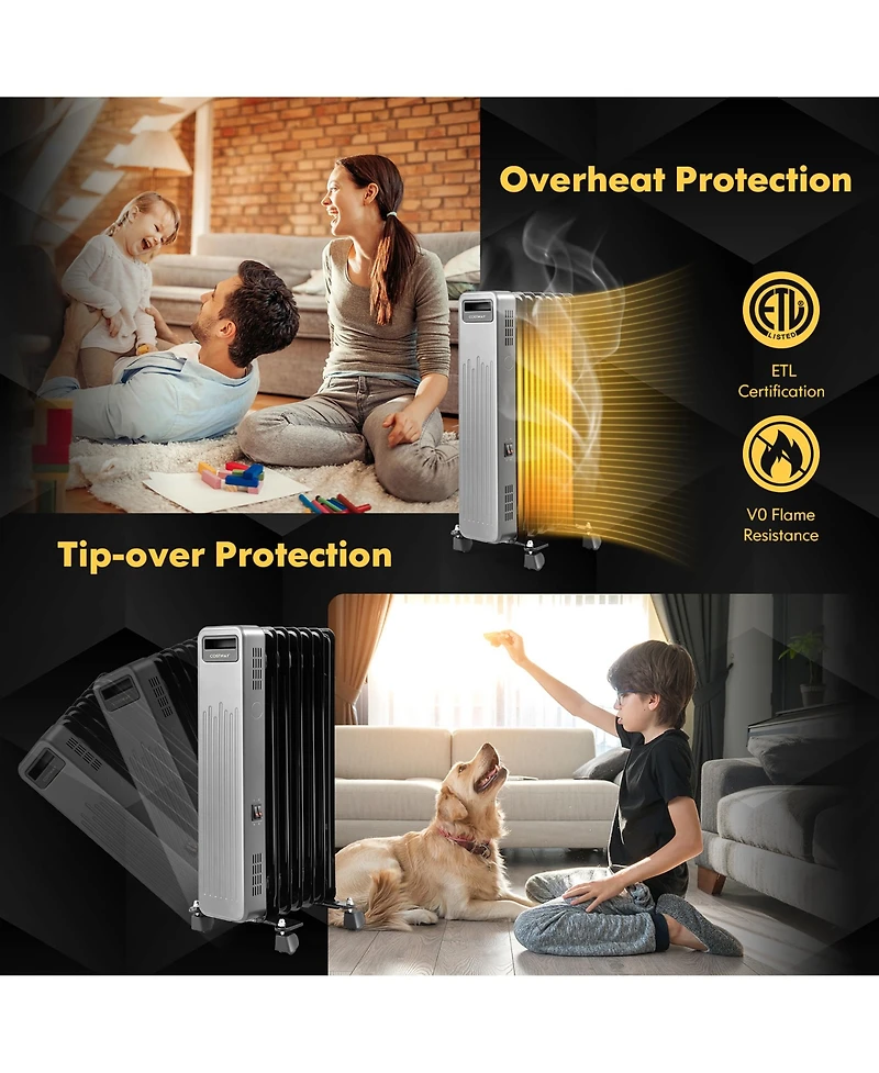 1500W Oil-Filled Radiator Heater Portable Electric Space Heater 3 Heat Settings