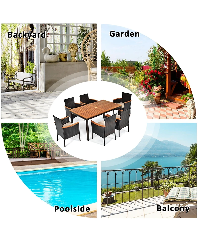 Gymax 7PCS Rattan Outdoor Dining Set Patio Furniture Set w/ Cushions Umbrella Hole