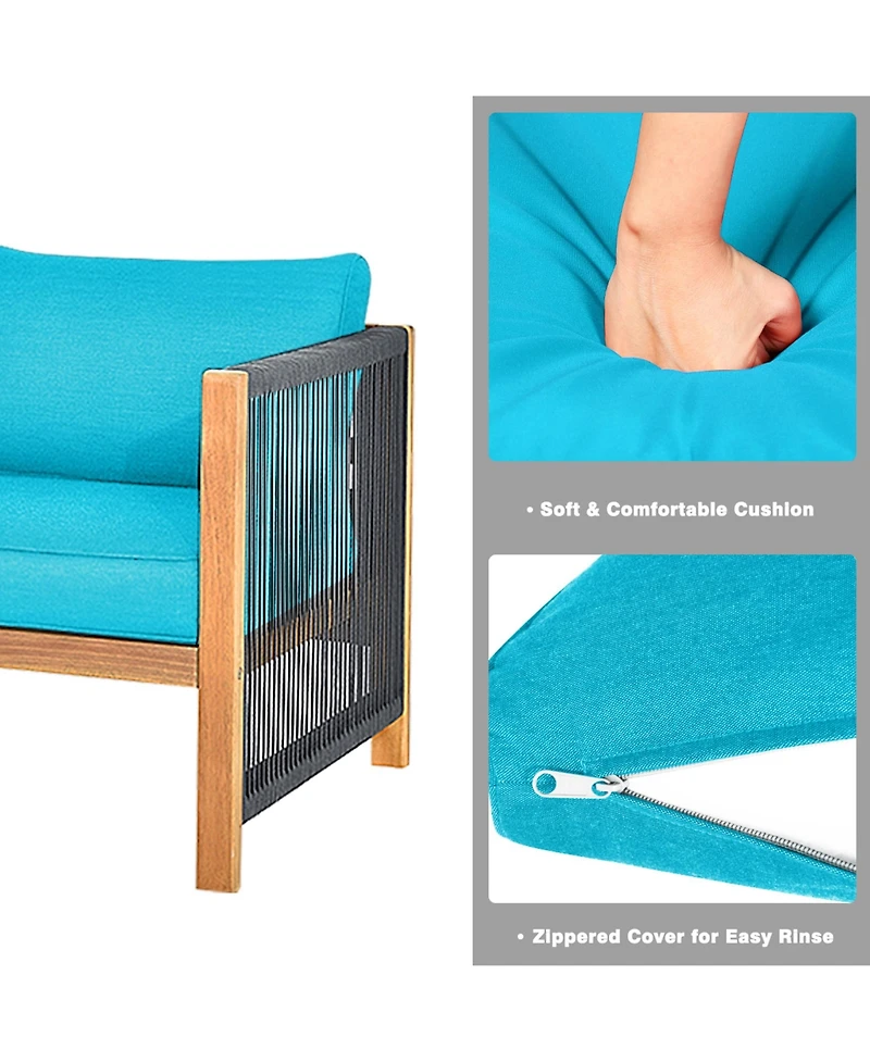 Gymax 8PCS Acacia Wood Outdoor Patio Furniture Conversation Set W/ Turquoise Cushions