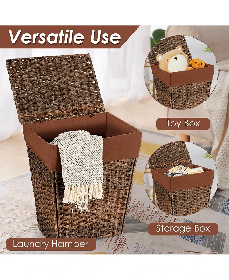 Handwoven Laundry Hamper Foldable w/Removable Liner, Lid & Handles