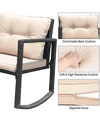 3PC Patio Rattan Conversation Set Rocking Chair Cushioned