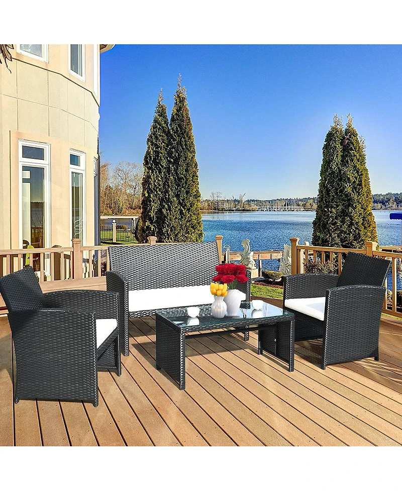 Costway 4PCS Outdoor Patio Rattan Furniture Conversation Set Cushioned Sofa Coffee Table