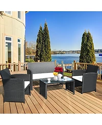 Costway 4PCS Outdoor Patio Rattan Furniture Conversation Set Cushioned Sofa Coffee Table