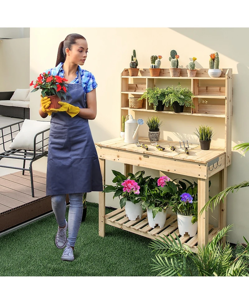 Costway Potting Bench Table Wooden Garden Work Bench Platform with Display Rack Hidden Sink