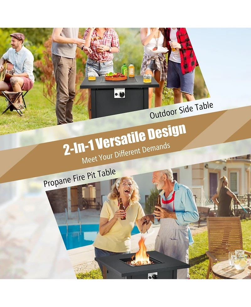 32'' Square Propane Gas Fire Pit Table with Glass Stones Rain Cover