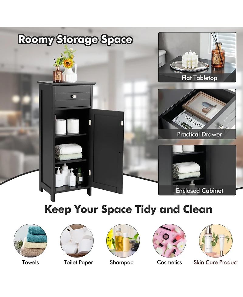 Wooden Bathroom Floor Storage Cabinet Organizer w/ Drawer Adjustable Shelf