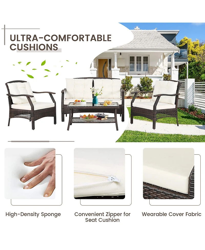 4 Pcs Outdoor Rattan Conversation Set Patio Rattan Sofa Set W/ Protective Cover