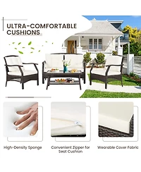 4 Pcs Outdoor Rattan Conversation Set Patio Rattan Sofa Set W/ Protective Cover