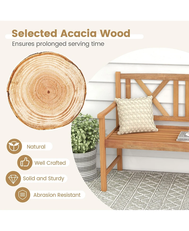 Costway Patio Acacia Wood 2-Person Slatted Bench Outdoor Loveseat Chair Garden