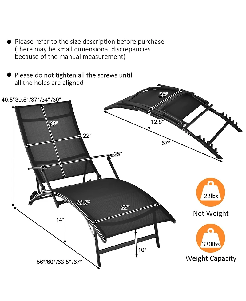 Costway 2PCS Patio Folding Lounge Chair Chaise Recliner Adjustable Stackable W/Armrest