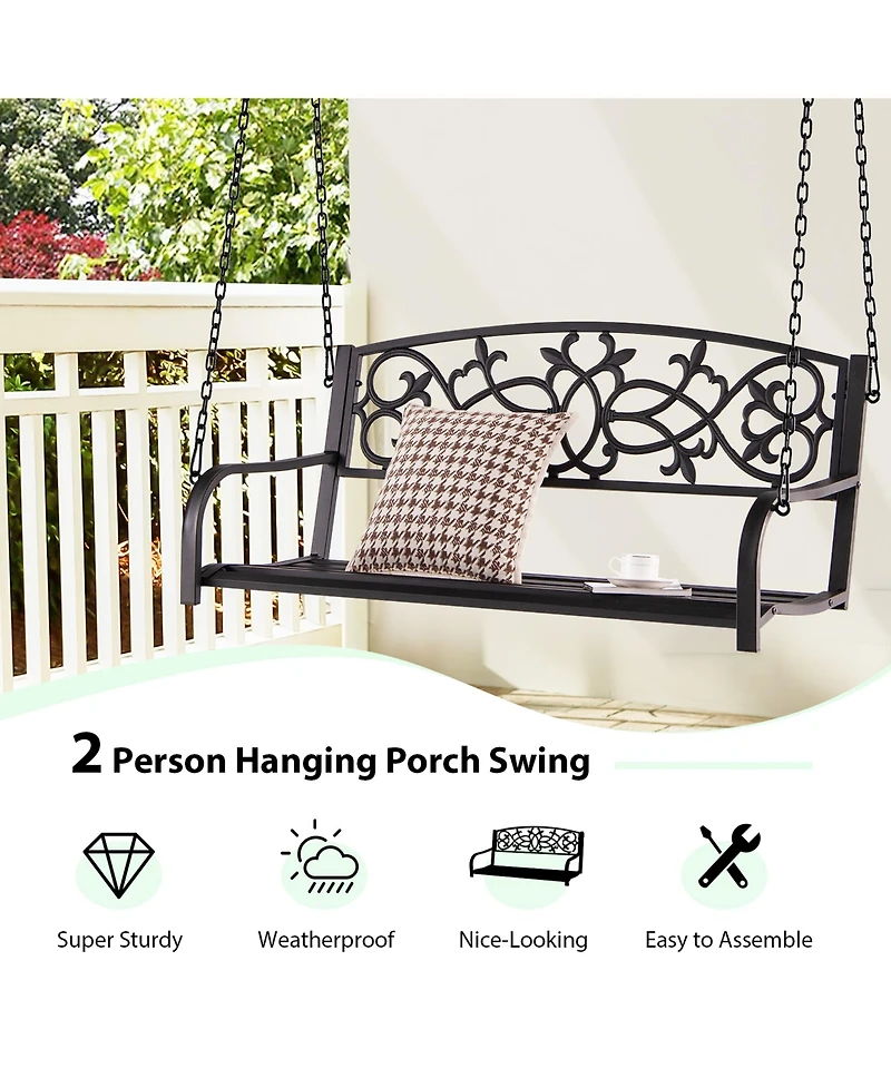 2-Person Metal Outdoor Porch Swing Hanging Patio Bench 485 Lbs Capacity