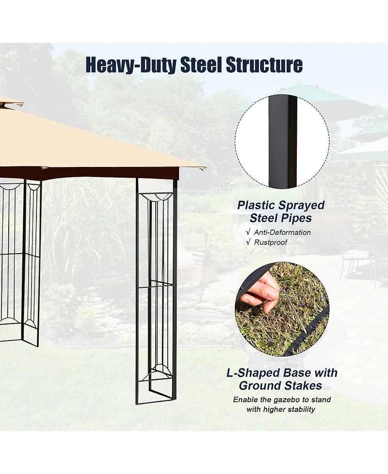 10' x 10' Patio Canopy Gazebo Outdoor 2-Tier Steel Tent Heavy-Duty L-Shaped