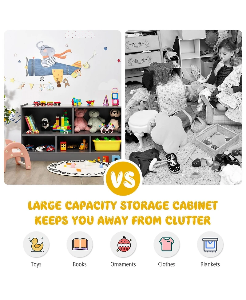 Kids 2-Shelf Bookcase 5-Cube Wood Toy Storage Cabinet Organizer