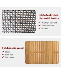 4PCS Patio Rattan Furniture Set Acacia Wood Cushioned Sofa