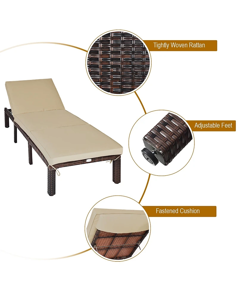 Costway Outdoor Rattan Lounge Chair Chaise Recliner Adjustable Cushioned Patio