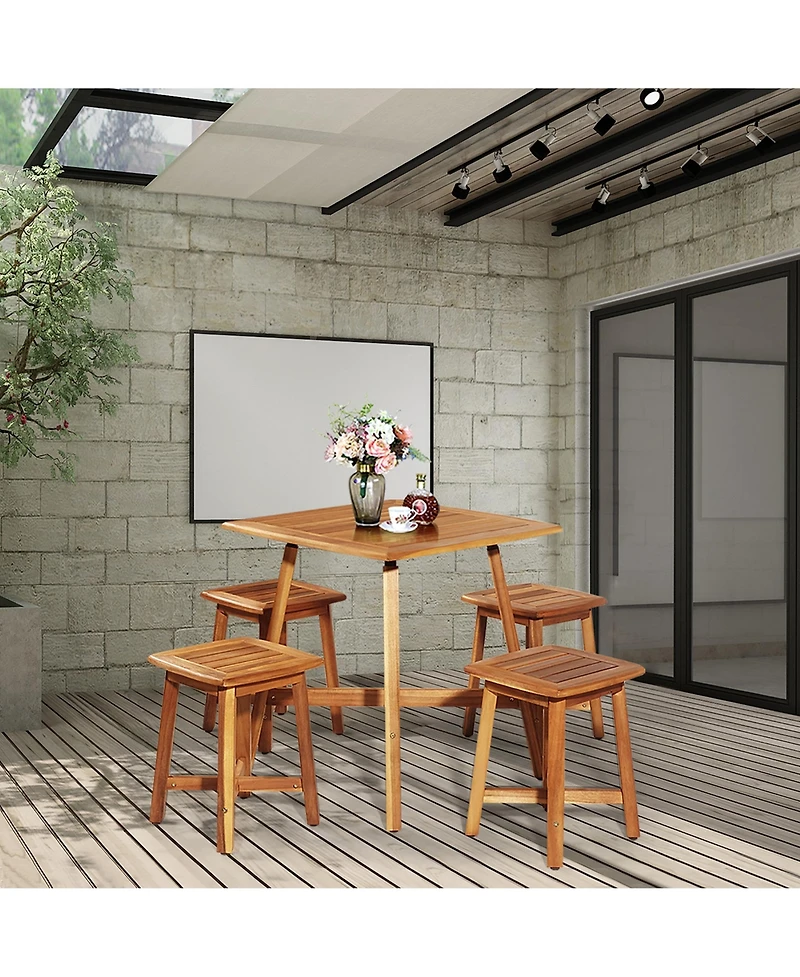 Costway 5PCS Acacia Patio Dining Set W/Square Table & 4 Stools Reddish