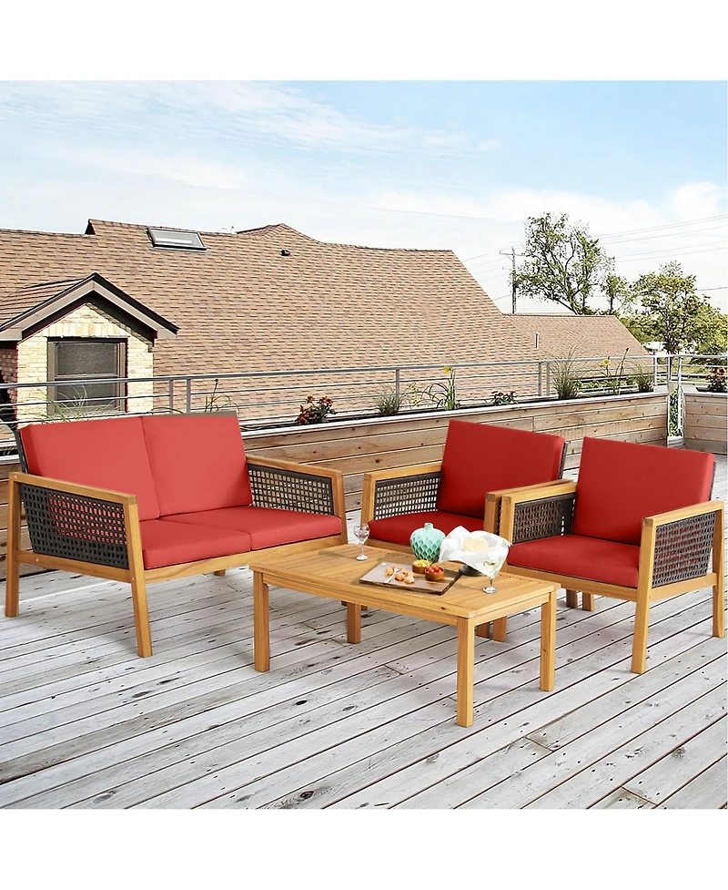 Gymax 8PCS Patio Acacia Wood Furniture Set Pe Rattan Conversation Set w/ Red Cushions