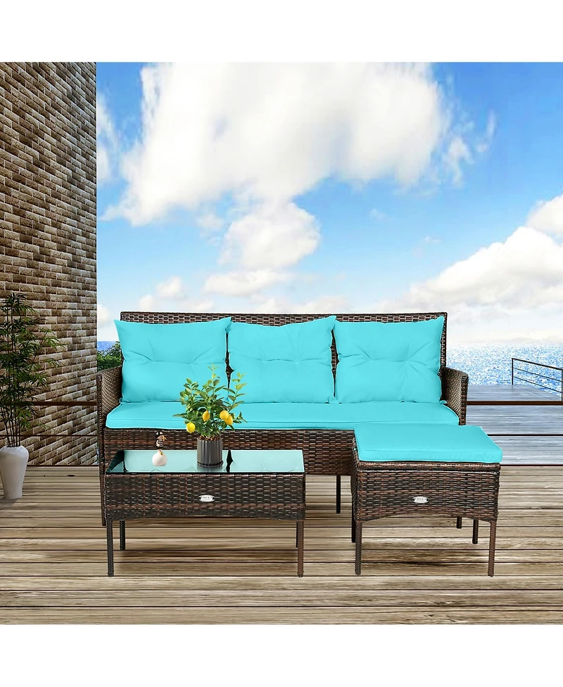 Gymax 3PCS Patio Rattan Sectional Conversation Furniture Set w/ Turqouise Cushions