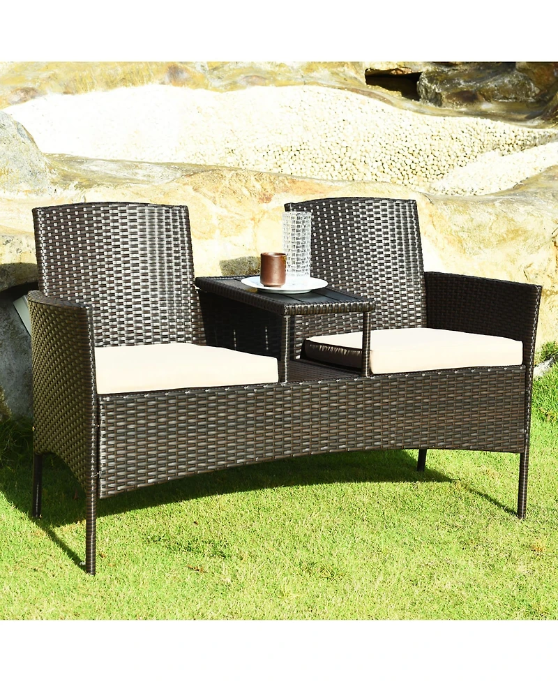 Costway Patio Rattan Conversation Set Loveseat Sofa Cushioned Coffee Table