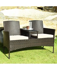 Costway Patio Rattan Conversation Set Loveseat Sofa Cushioned Coffee Table