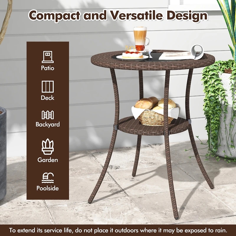 Round Rattan Wicker Coffee Table Glass Top Steel Frame Patio Furni W/Lower Shelf