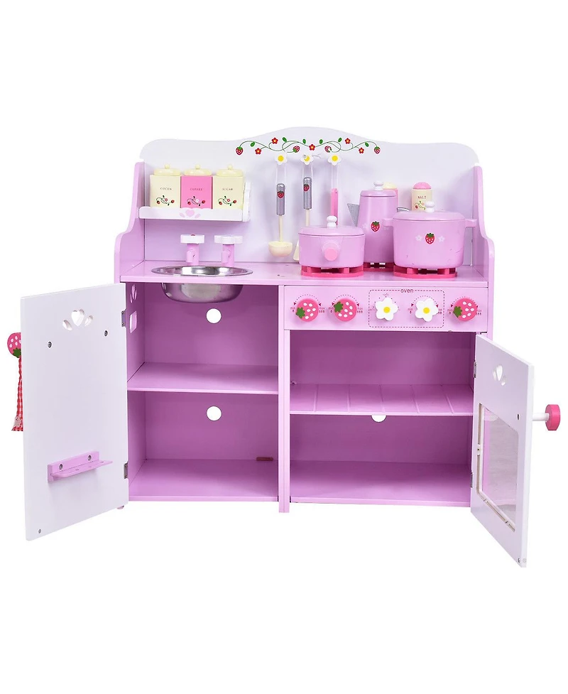 Costway Kids Wooden Play Set Kitchen Toy Strawberry Pretend Cooking Playset Toddler