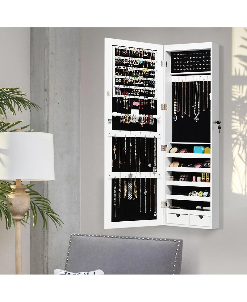Costway Wall Mounted Mirrored Jewelry Cabinet Organizer w/Led Lights