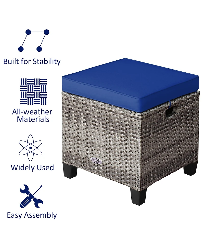 2PCS Patio Rattan Cushioned Ottoman Seat Foot Rest Table