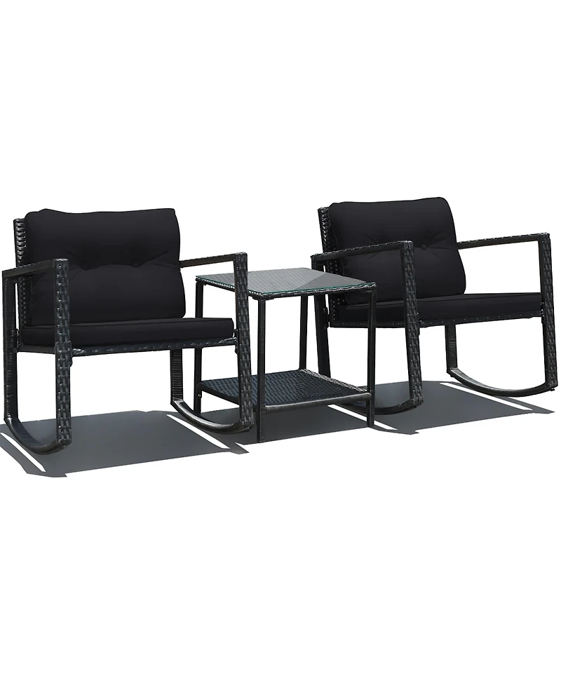 3PC Patio Rattan Conversation Set Rocking Chair Cushioned