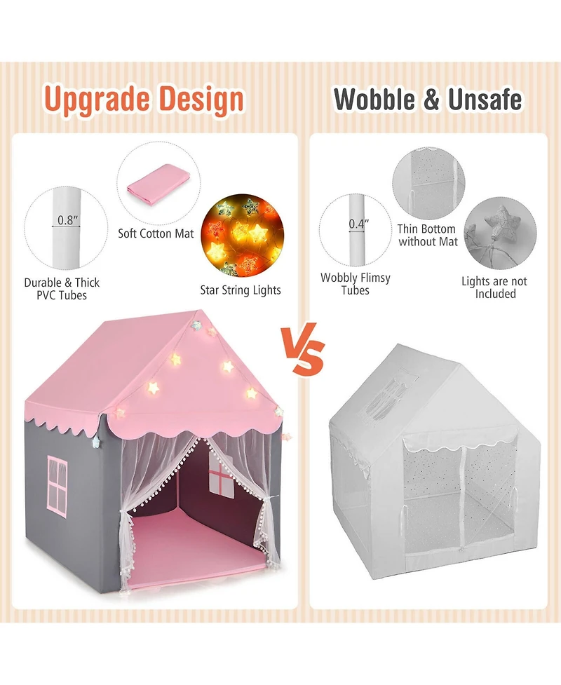 Kids Playhouse Tent Large Castle Fairy Tent Gift w/Star Lights Mat